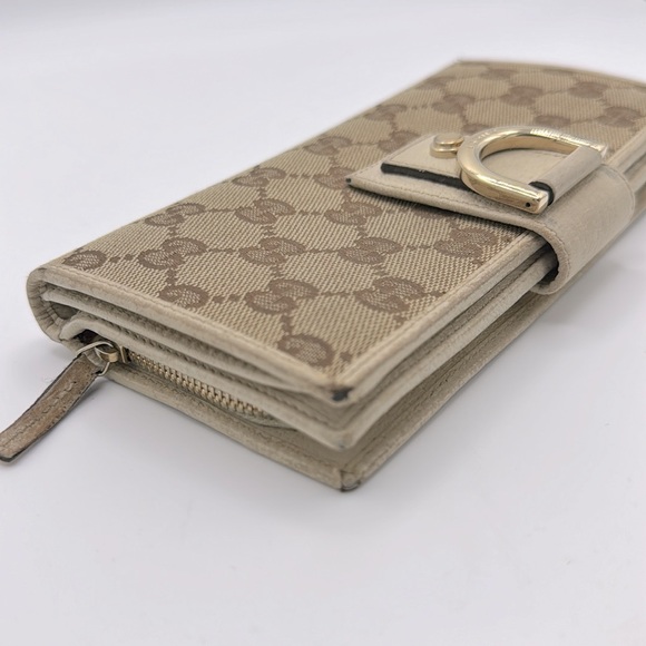 Authentic GUCCI GG Beige Canvas Gold Leather Zip Long Wallet - Picture 10 of 16